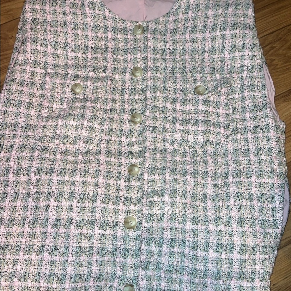 Frayed tweed Pink and Black shoulder padded oversized Vest